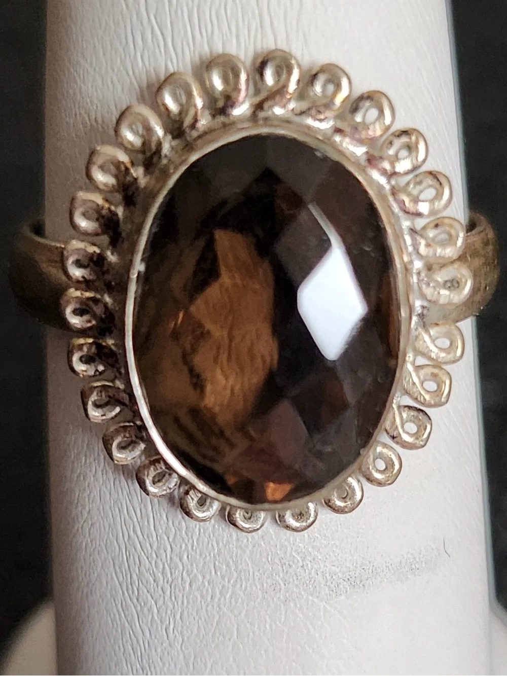 Smoky Quartz Oval Costume Silvertone Ring Elegant Dark Brown Gemstone Size 9.75
